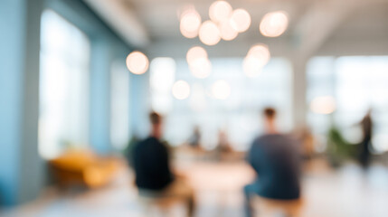 Soft minimalist Scandinavian coworking space with people engaged in collaborative activities