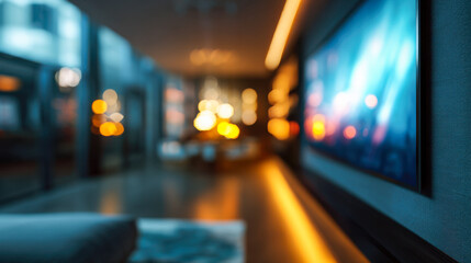 Modern smart home living room with glowing accents in the evening light