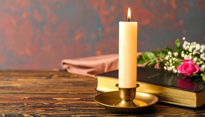 Candle, book, and flowers on a wooden table