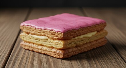 Pink-glazed, layered pastry on a wooden table.  A square confection with a light pink icing glaze on top, sitting on a wooden surface