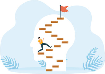 Businessman holding arrow walk up the stairs to vision and opportunities on head human for target further Growth mindset concept
