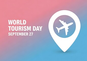 World tourism day celebration on september 27 with a white location pin and an airplane inside, isolated on pink and blue gradient background