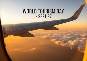 World tourism day observed on september 27, viewed from an airplane window during a beautiful sunset, highlighting the joy of travel