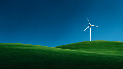 Fototapeta premium Single wind turbine stands tall against a smooth green landscape under clear blue sky