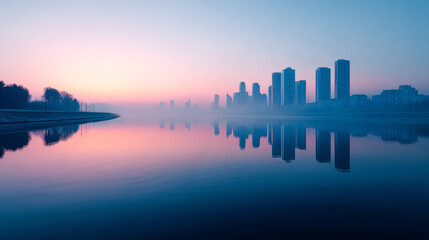 Fototapeta premium Serene river flows gently alongside a misty urban landscape at dawn