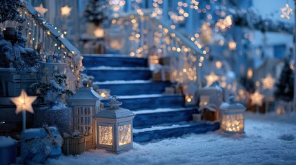 Fototapeta premium Snowy porch with glowing lanterns and stars, blue stairs backdrop. Use for holiday greeting cards or winter season marketing material.