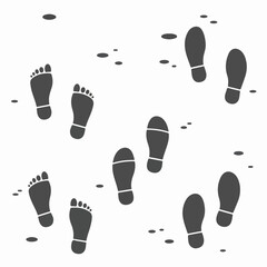 A collection of diverse footprints and shoe prints, including barefoot and shod marks, scattered on a white background, representing human presence and movement.