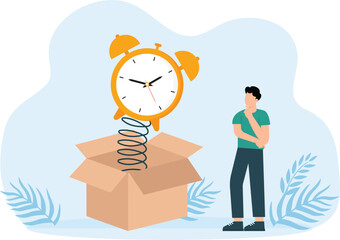 Two white-collar workers happily celebrating an alarm clock gift, popping out of a cardboard box concept