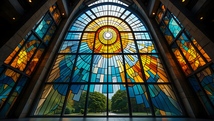 Vibrant stained glass window with sunburst design colorful