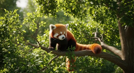 Red panda perched high in lush forest canopy