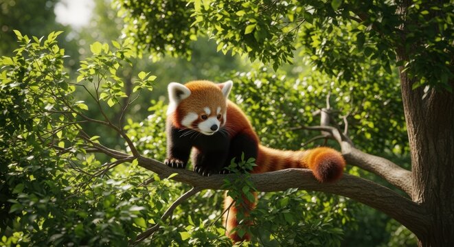 Red panda perched high in lush forest canopy - Powered by Adobe