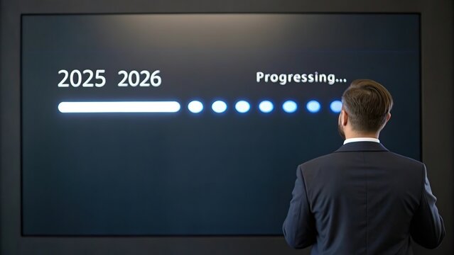 Man watches a progress bar indicating the transition from year 2025 to 2026 - Powered by Adobe