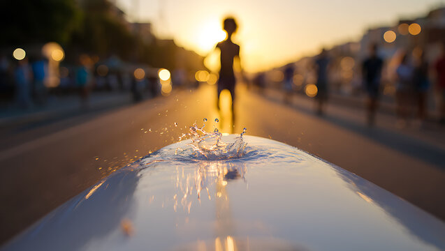 Water splash on surfboard at sunset with people walking golden hour
