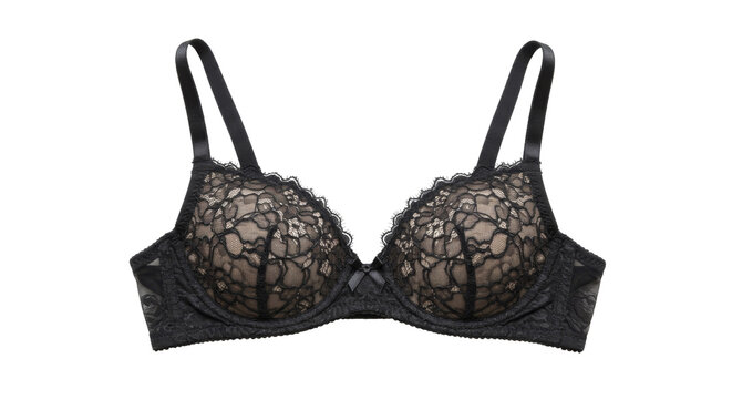 Elegant black lace bra isolated on white background