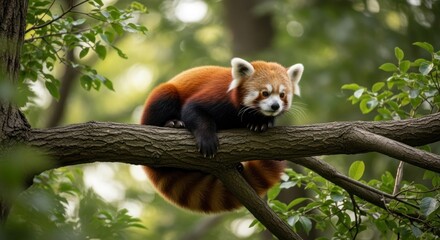 Red panda resting on a tree branch. Lush forest backdrop