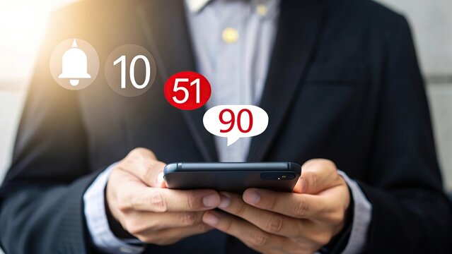 Businessman holding smartphone with social media notification icons and numbers floating above - Powered by Adobe