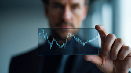 Minimalist silhouette of a man holding a transparent display of data