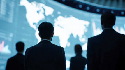 Silhouettes of men and women in suits observing data projections in a modern conference setting