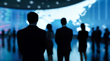 Business professionals gather for a strategic meeting in a modern conference room at dusk