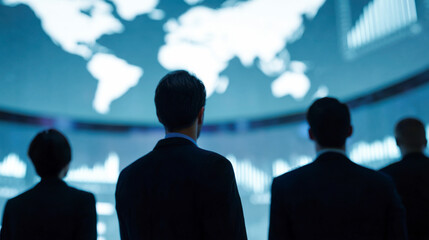 Silhouettes of business professionals observing global financial trends in a dimly lit room