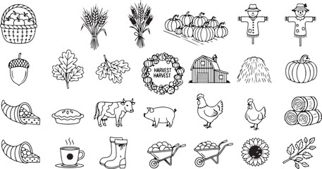 Obraz premium Vector art of collection of autumn harvest icons and illustrations including pumpkins, scarecrows, farm animals, and seasonal elements, isolated on white background