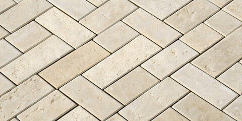 Obraz premium Diagonal herringbone brick pattern in warm beige tones with natural stone texture and weathered surface showing age patina