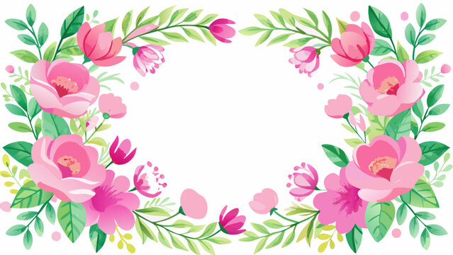 Vector art of an elegant floral frame composed of vibrant pink blossoms and lush green leaves, forming a decorative border with a central white space, ideal for announcements or cards