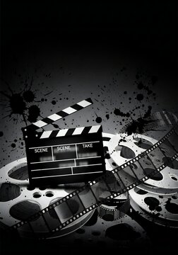 Dramatic film industry concept with clapperboard and film reels in grayscale