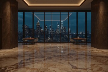 Obraz premium Interior view of a room with a large window overlooking a city skyline at night with tables and chairs