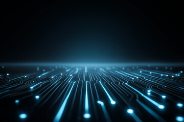 Glowing blue circuit board with neon lines and dots on dark background creating futuristic and technological atmosphere