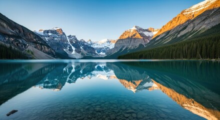 Serene mountain lake at sunrise.  Vast, tranquil lake mirrored by majestic snow-capped peaks.  Golden light bathes the scene.  Clear, turquoise water reflects the surrounding mountains