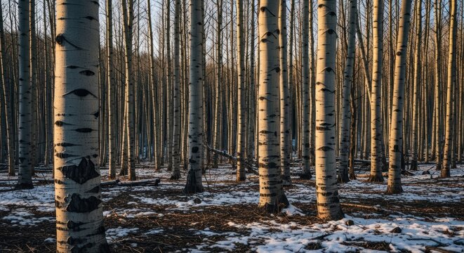 Rows of aspen trees in a winter forest.  Sunlight filters through the trees, highlighting the bark.  A light dusting of snow covers the ground - Powered by Adobe