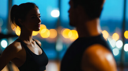 Soft focus silhouettes of a personal trainer engaging with a client in a gym at twilight