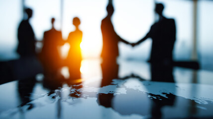 Silhouettes of diverse business professionals shaking hands at sunset in a modern office setting