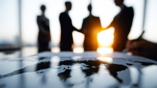 Diverse business silhouettes engage in negotiation at sunset with a map in focus