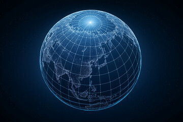 Digital luminous blue globe with latitude longitude grid showing Asia and Australia, futuristic technology concept