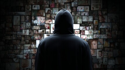 person in hoodie looking at wall of faces