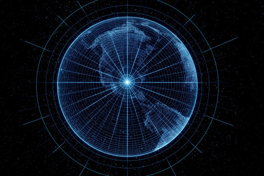 Luminous blue globe with faint latitude longitude lines showing digital earth map in space with starry background