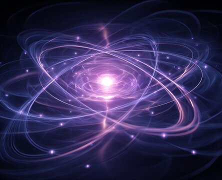 A stunning visual of swirling energy and light representing the beauty of the universe and atomic structure unfolding in vibrant colors