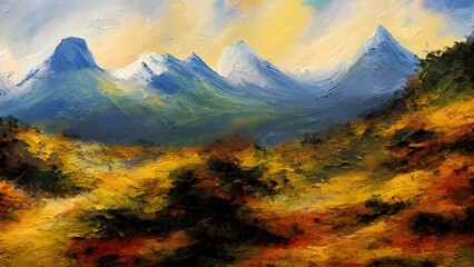 A vibrant summer panorama reveals a green mountain landscape with clouds and peaks under a beautiful sky