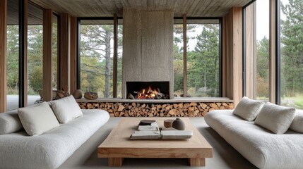 Obraz premium Cozy living room with fireplace and wood decor