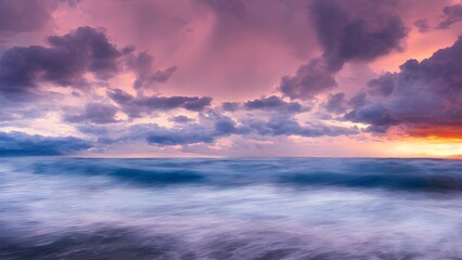 A vibrant sunset paints a stormy sky over the vast, turbulent ocean