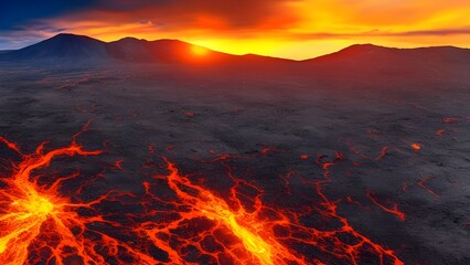 Fiery red sunset blazes over the mountains, casting an orange glow on the clouds