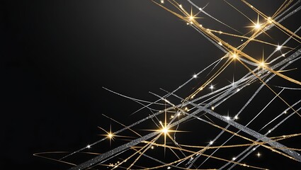 Minimal black background illuminated by golden and silver sparkling lines.
