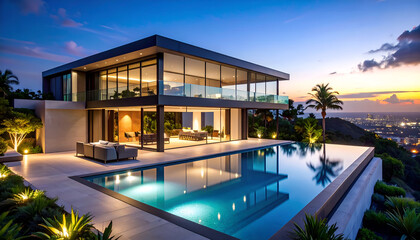 Obraz premium Futuristic Glass Mansion with Infinity Pool & Helipad - Modern Luxury Estate 8K Render