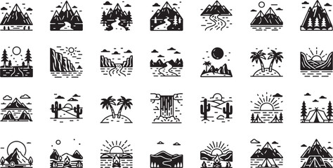 Vector art of collection of stylized mountain and nature landscape icons, featuring various elements like trees, tents, and sunrises, perfect for travel and adventure themes