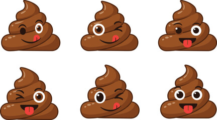 Cute poop emoji, winking turd cartoon, funny brown swirl, happy feces emoticon, toilet humor icon, silly expression character, doodle sticker art, comic poop face