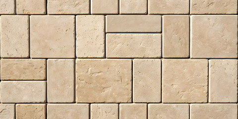 Obraz premium Beige limestone tiles in random ashlar pattern with natural stone texture, clean joints and warm neutral color palette