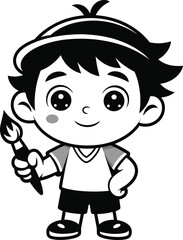Cute cartoon boy holding paintbrush, perfect for creative projects, children's art, educational materials, playful designs, stock image, vector illustration.