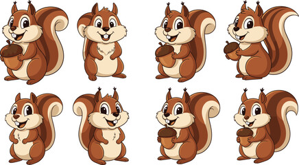 Cute squirrel cartoon, holding acorn, forest rodent character, brown fur, bushy tail, smiling animal, vector clipart, woodland creature, kids illustration, isolated white background